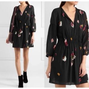 Madewell Black Floral Fit Flare Dress with Tie Front Neck